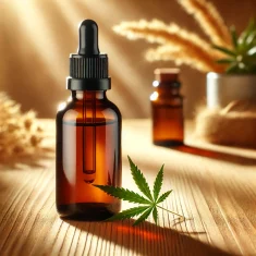 DALL·E 2025-08-23 15.08.26 - A professional, high-quality product photo of an amber glass CBD oil bottle with a black dropper cap, standing on a wooden surface. The bottle has no