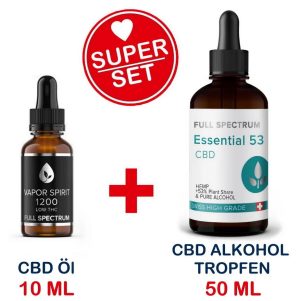 Vollspektrum CBD Öl - Low THC - 12.9% 10ml + CBD Alkohol-Tropfen 50ml